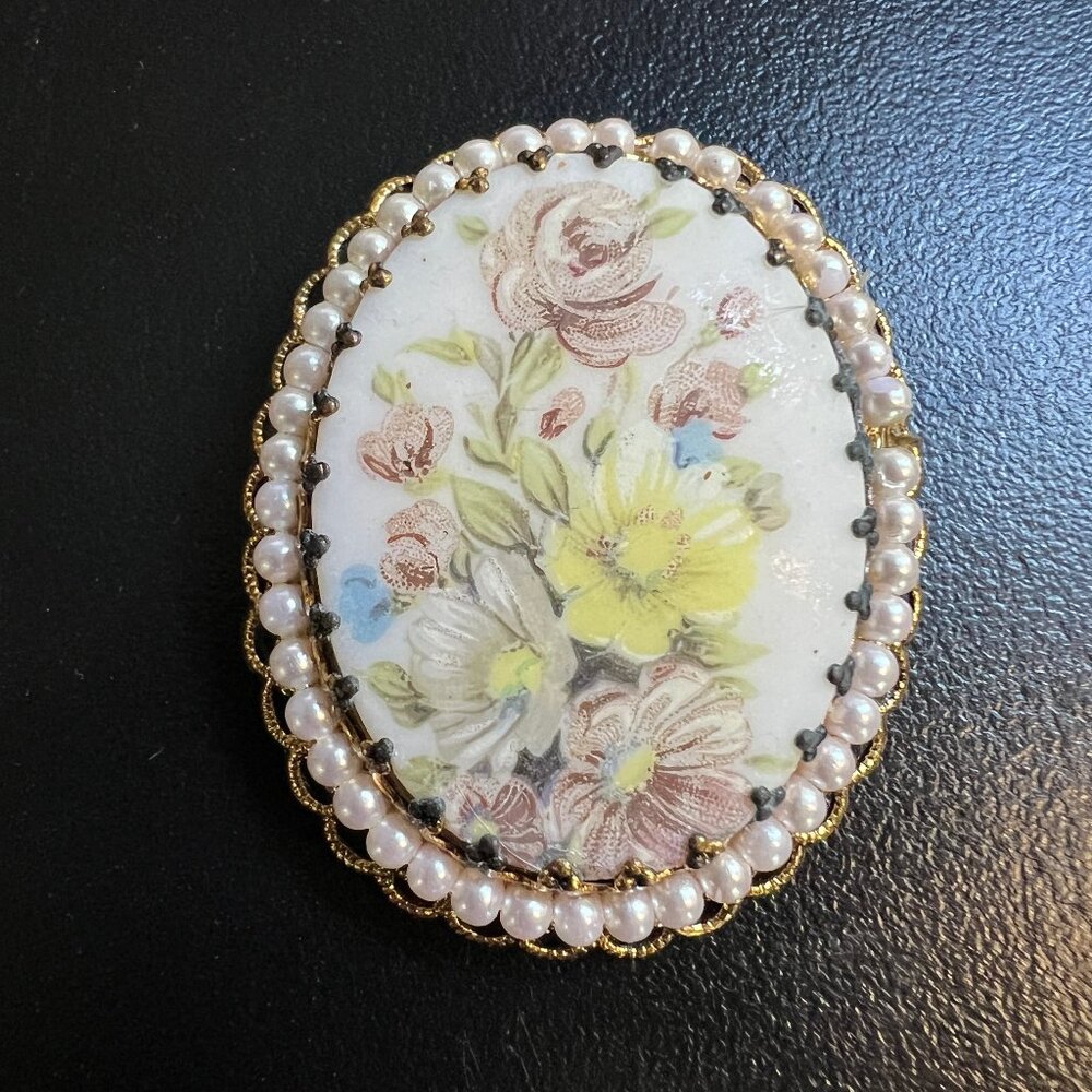 Vintage Floral Porcelain Brooch Pink Yellow Flowers Faux Pearlβ Frame W Germany